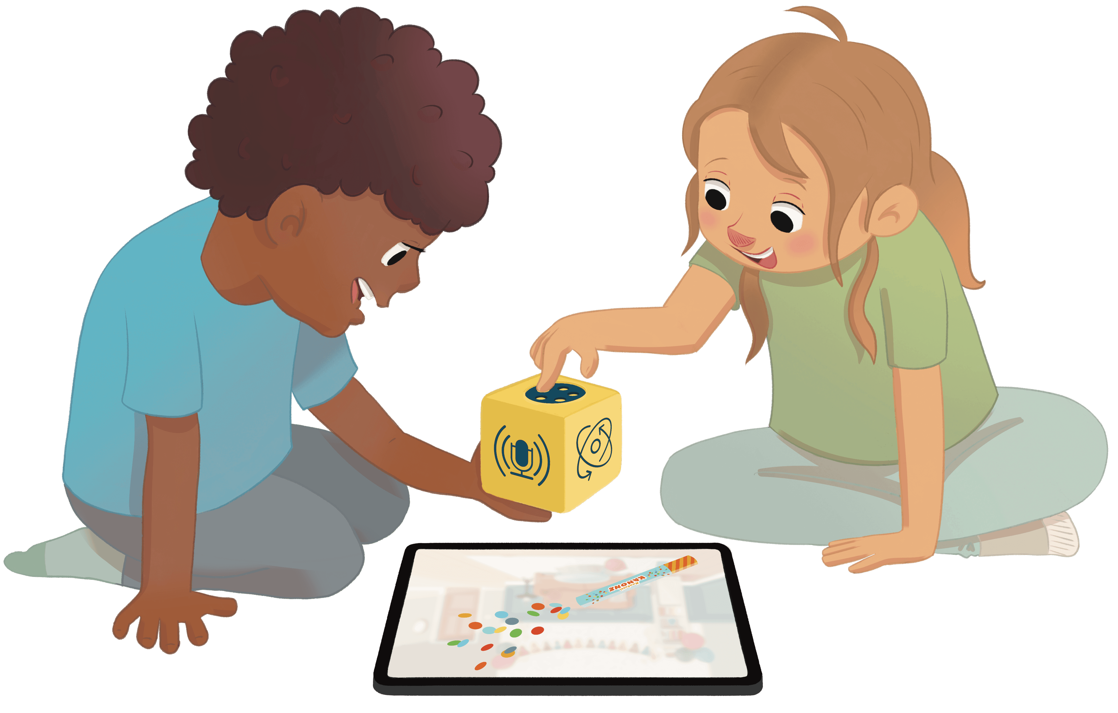 Two children playing with a yellow interactive cube, the Sense-Cube, and a tablet app.